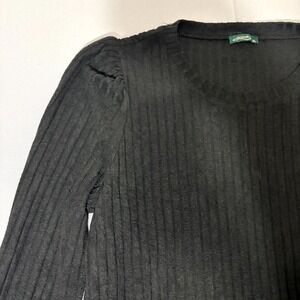 Ofeefan Top Women XL Black Stretch Ribbed Knit Crew Neck Puff Sleeve Pullover